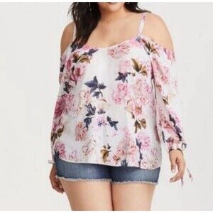 Torrid Plus Size 1X Cold Shoulder‎ Blouse Long Sleeve Lightweight Floral Pin